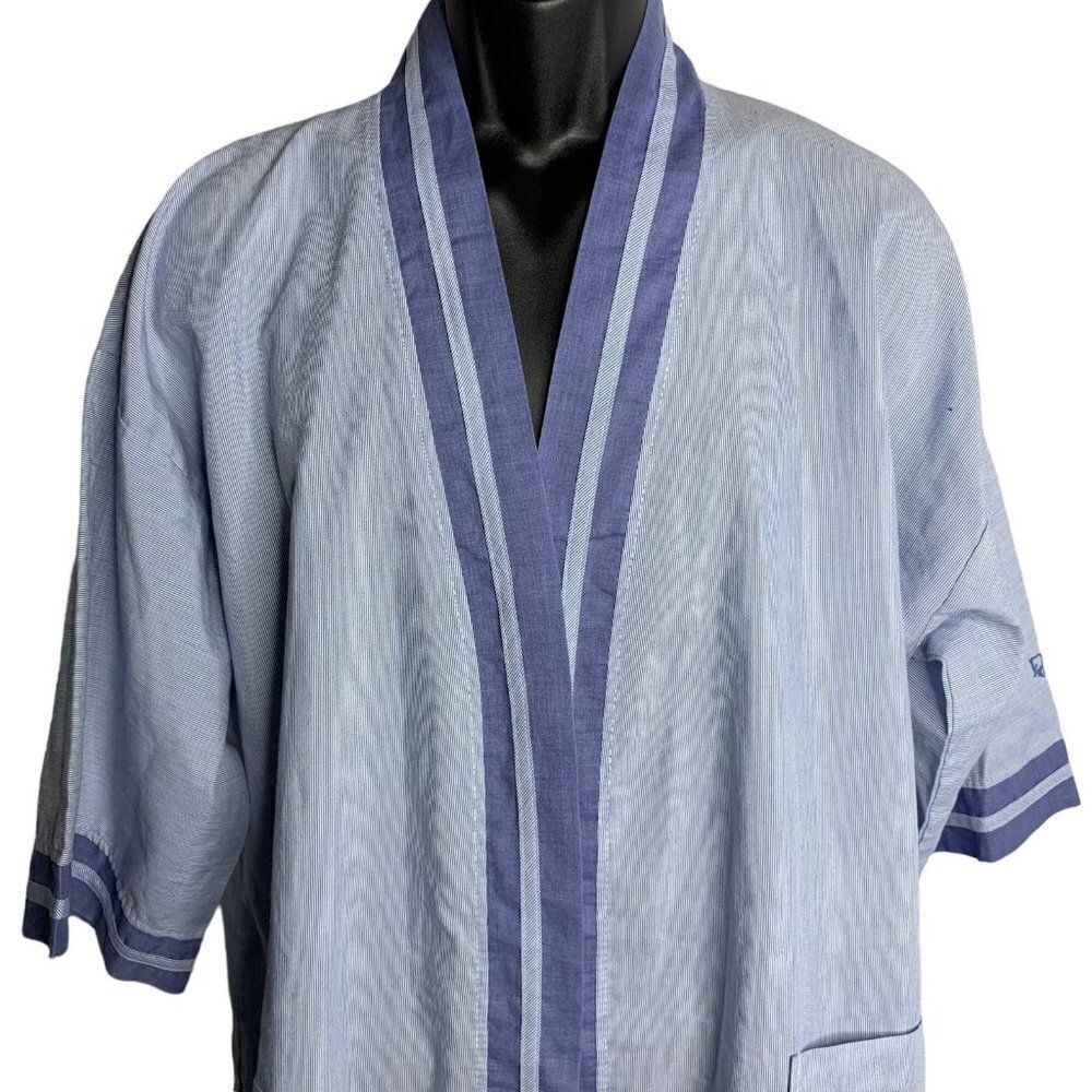 Vintage Christian Dior Robe House One Size Blue Stripe Pockets Long Sleeves